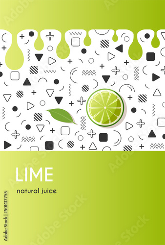 Template for modern lime juice packaging design with geometric elements in Memphis style. Creative design for juice packaging, website, social media, banner, postcard, print. Stock vector illustration