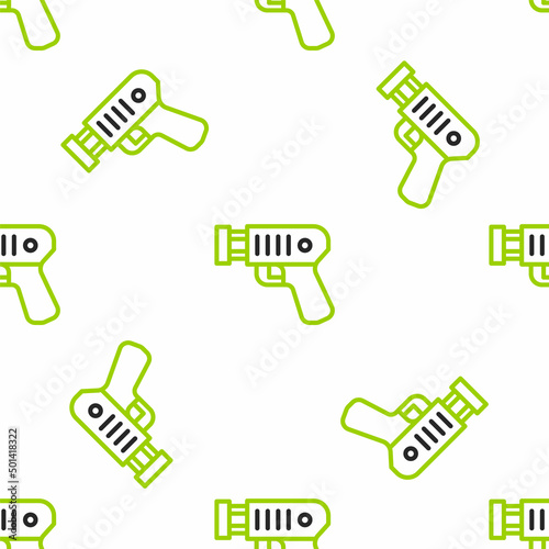 Line Police electric shocker icon isolated seamless pattern on white background. Shocker for protection. Taser is an electric weapon. Vector