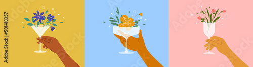 Vector illustrations set of man or woman hands holding champagne, wine or martini glass with blooming flowers. Hello spring abstract art. Cocktail, fresh juice, floral drink. Beach summer party poster