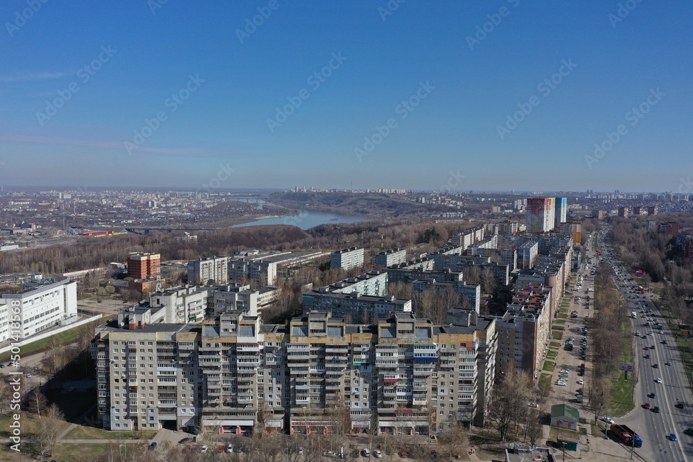 Nizhny Novgorod, Russia, Prioksky district, Prospekt Gagagrina, 04.27.2022. Panorama of the city, top view of the residential area of the city, the temple and the avenue.