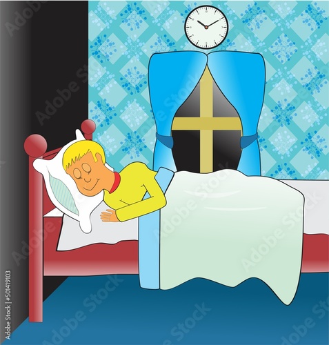 Cartoon little kid sleeping early on bed at night time having sweet dreams in his bedroom resting relaxing his head on pillow boy back to school concept vector illustration funny cute character 