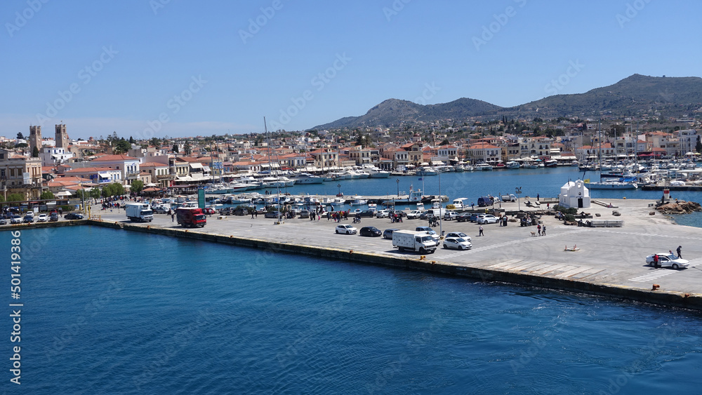 Aegina island port as seen from a passenger ferry, Saronic gulf, Greece