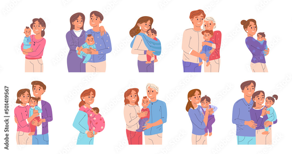 Mom and dad carrying newborn baby, happy parents, family with child. Cartoon babies with mother and father, young families vector symbols illustration set. Happy parenting collection Mom and dad carrying newborn baby, happy parents, family with child. Cartoon babies with mother and father, young families vector symbols illustration set. Happy parenting collection