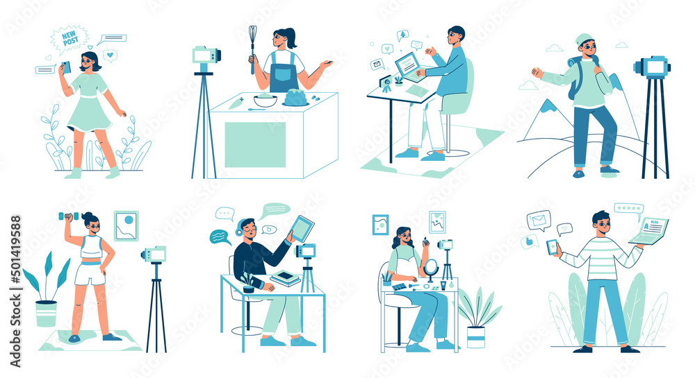 Online media vlogs, makeup, travel, and food bloggers. Internet content, photo and video creators vector symbols illustration set. Bloggers collection