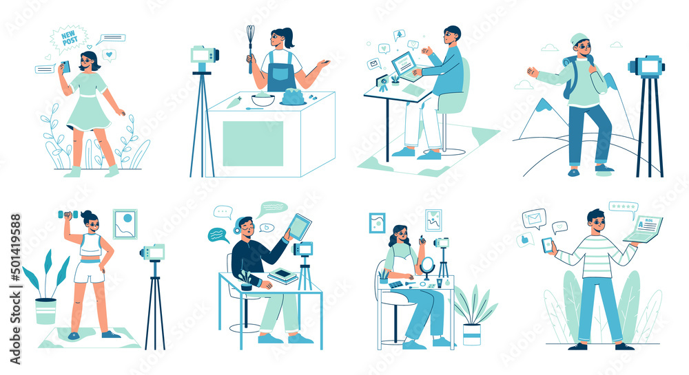 Online media vlogs, makeup, travel, and food bloggers. Internet content, photo and video creators vector symbols illustration set. Bloggers collection Online media vlogs, makeup, travel, and food bloggers. Internet content, photo and video creators vector symbols illustration set. Bloggers collection