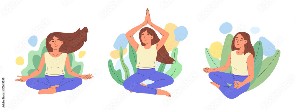 Meditating girl, calm mindful yoga meditation, woman in lotus pose. Female breath and balance training vector illustration. Peaceful yoga meditation