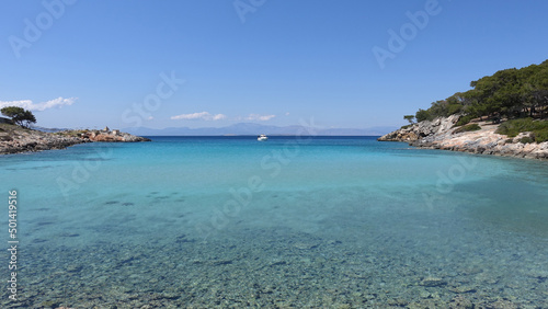 Paradise bay and small port with turquoise beach of Aponisos in island of Agistri, Saronic Gulf, Greece