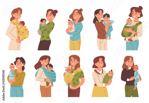 Mother carrying newborn baby, moms and kids in sling. Female parents with baby toddlers in slings vector symbols illustration set. Happy motherhood collection