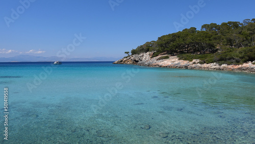 Paradise bay and small port with turquoise beach of Aponisos in island of Agistri, Saronic Gulf, Greece