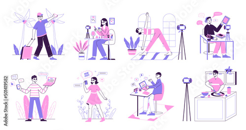 Bloggers and vloggers making photo, video content, food, fitness and travel blogs. Vlogging people, subscription and followers attraction vector illustration set. Video creators characters