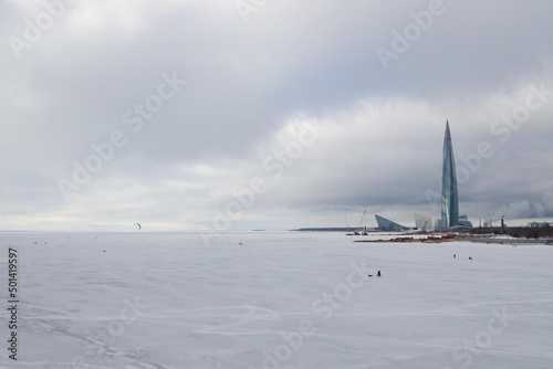 Russia, St. Petersburg, Lakhta Center and the frozen Gulf of Finland in winter. January, 2022. © Nadezhda