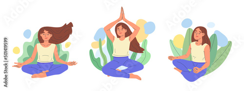 Meditating girl, calm mindful yoga meditation, woman in lotus pose. Female breath and balance training vector illustration. Peaceful yoga meditation