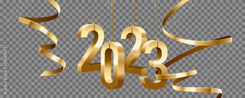 Happy New Year 2023. Hanging golden 3D numbers with ribbons, isolated on transparent background.