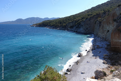 Famous crystal clear beach of Halikiada in island of Agistri, Saronic gulf, Greece