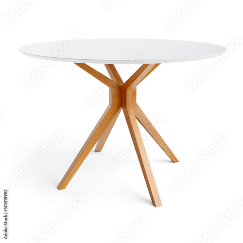 Round wooden table with a white counter. Dining table isolated on white background. Clipping path included. 3D render. 3D illustration. photo