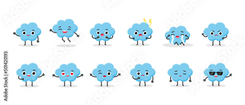 Set Cute Clouds Emoji Characters. Vector emoticon sticker collection