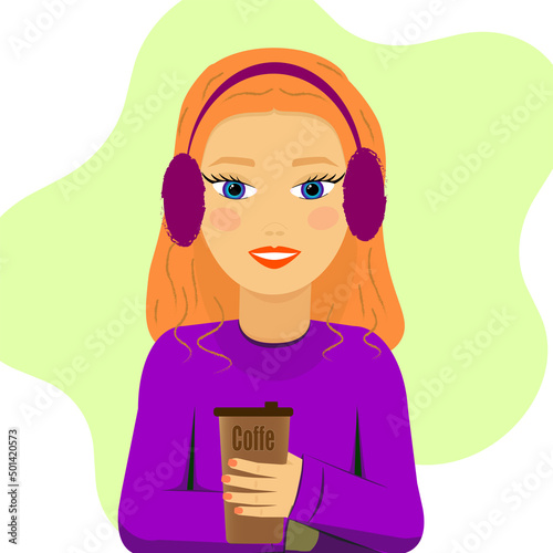redhead girl or young woman with рaper cup of coffe in headphones violet