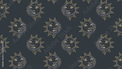 Vector illustration A pattern with the moon and the sun on a dark background