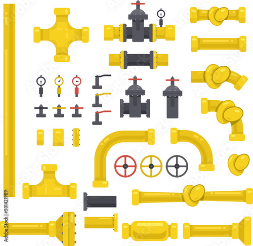 Illustration set of communication pipes components. Suitable for designating a gas pipeline, sewerage, water supply. Isolated objects on a white background.