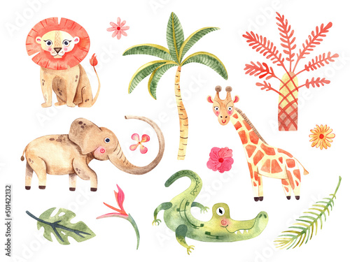 Watercolor composition with African animals and natural elements. Lion  elephant  alligator  giraffe  palm trees  flowers. Safari wild creatures. Jungle  tropical illustration for nursery wallpaper