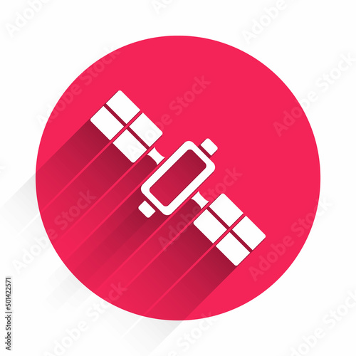 White Satellite icon isolated with long shadow. Red circle button. Vector