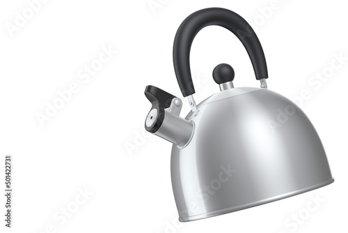 Stainless steel stovetop kettle with whistle isolated on white background.