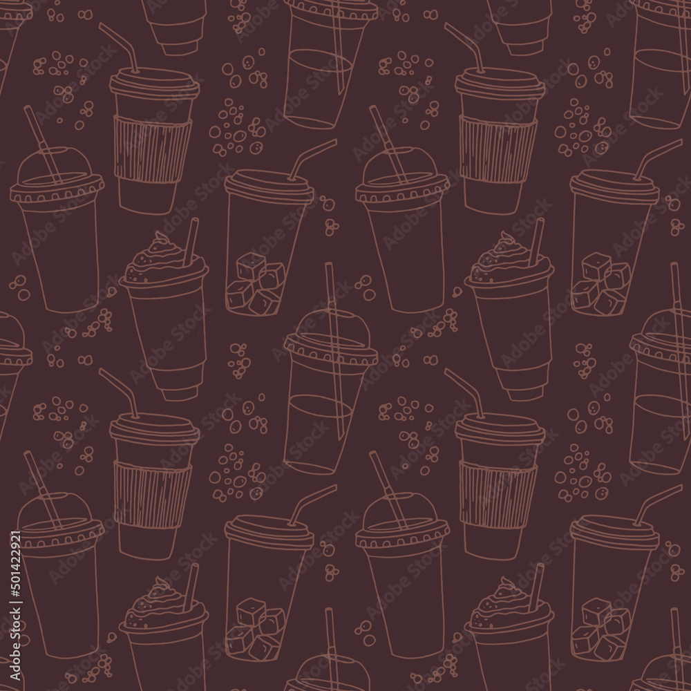 Hand drawn seamless pattern with coffee cups various shapes with drinking straws. Dark repeatable background. Hand drawn seamless pattern with coffee cups various shapes with drinking straws. Dark repeatable background.