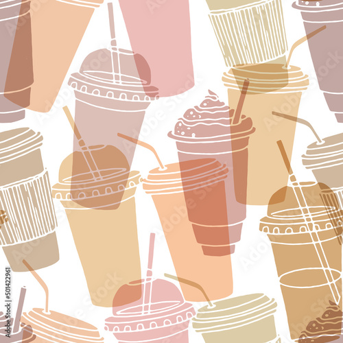 Hand drawn seamless pattern with coffee cups various shapes with drinking straws. Mute colors repeatable background.