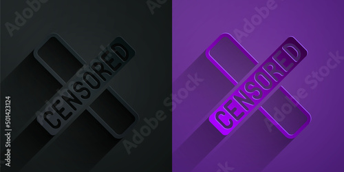 Paper cut Censored stamp icon isolated on black on purple background. Paper art style. Vector