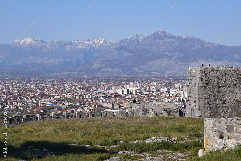  Panorama from the city of Shkodra, Albania. Mountain, city, sky
