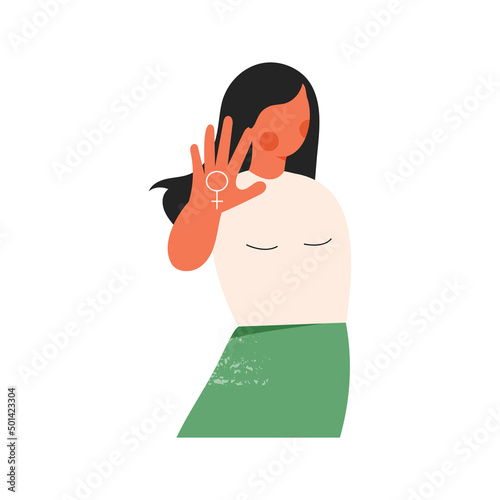 Woman right and power or protest against gender violence and harassment. Feminism concept. Strong girl show stop gesture. Female solidarity. Cartoon flat vector illustration isolated on white