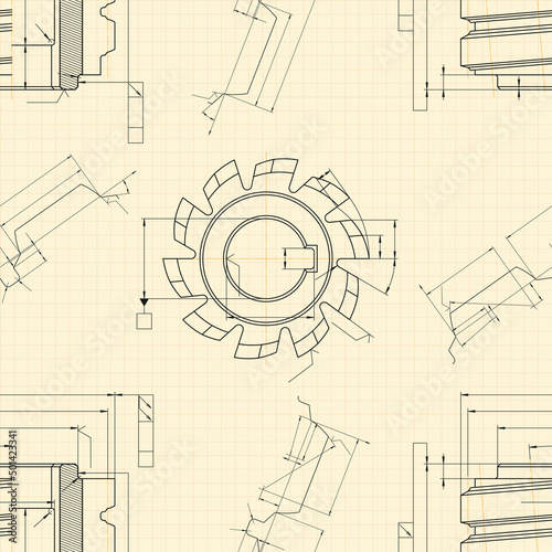 Mechanical engineering drawings on light background. Cutting tools, milling cutter. Technical Design. Cover. Blueprint. Seamless pattern. Vector illustration.