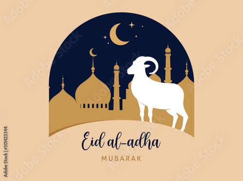 Eid Al Adha festival. Greeting card with sacrificial sheep and crescent on cloudy night background. Eid Mubarak theme. Vector illustration.