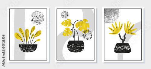 Abstract wall arts vector collection. Set of botanical posters with house plants in pots.