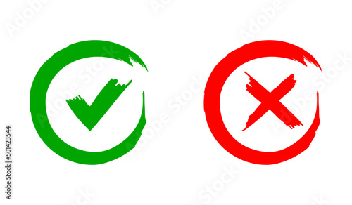 Green check mark icon and red cross mark. checklist signs, approval badge, yes and no.