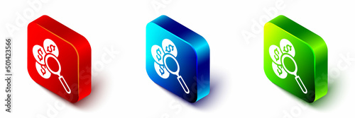 Isometric Search for money icon isolated on white background. Red, blue and green square button. Vector