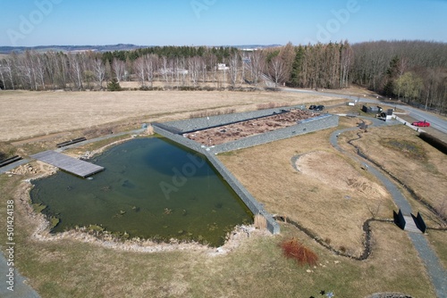 water house (Vodní dům) Veolia,modern architecture connected with water,aerial scenic panorama landscape view,Hulice,Czech republic,Europe, lake, dam photo