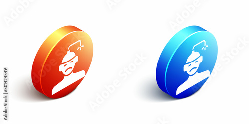 Isometric Concussion, headache, dizziness, migraine icon isolated on white background. Orange and blue circle button. Vector