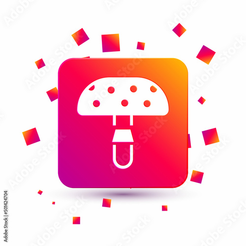 White Amanita muscaria or fly agaric hallucinogenic toadstool mushroom icon isolated on white background. Spotted poisonous mushroom. Square color button. Vector