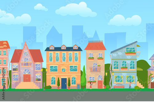 City street. Panoramic cityscape with bright houses  walking pedestrians. Shop and stores. Summer city. Vector illustration in cartoon style.
