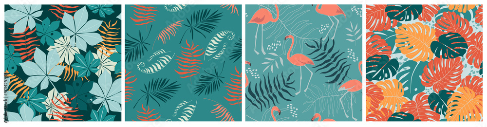 Seamless pattern set with flamingo birds, tropical palm leaves and monsters. Exotic animal print. Vector graphics.