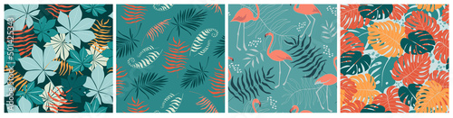 Seamless pattern set with flamingo birds  tropical palm leaves and monsters. Exotic animal print. Vector graphics.