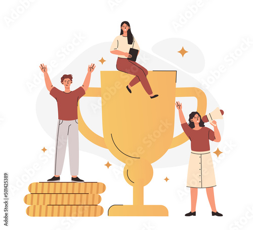 Successful team of employees concept. Young male and female entrepreneurs achieve financial goals and receive award or gold cup. Collaboration and teamwork. Cartoon modern flat vector illustration