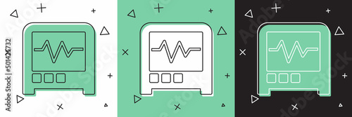 Set Seismograph icon isolated on white and green, black background. Earthquake analog seismograph. Vector
