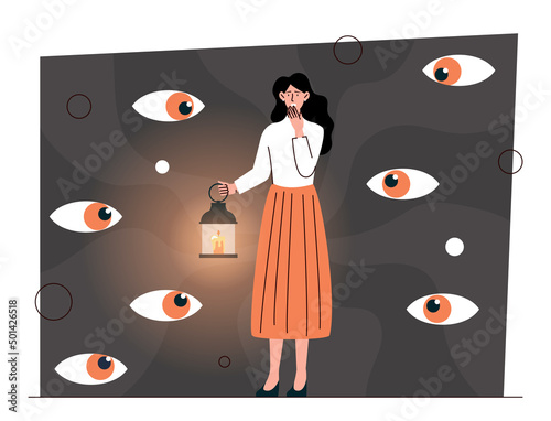 Woman faces her fears concept. Young girl with flashlight overcomes her mental disorders and phobias. Character meets with psychological problems and rehabilitated. Cartoon flat vector illustration