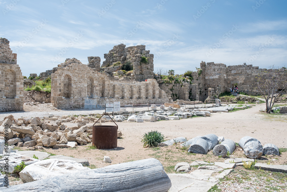 Archaeological work on Ancient Agora from Roman times in the ancient city of Side, Turkish Riviera.