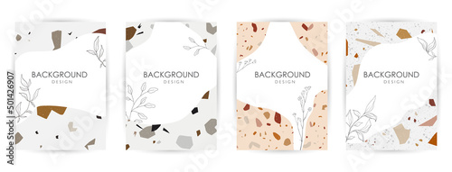 Modern abstract design templates with terrazzo texture. Realistic marble texture. Greeting cards, posters, banners for online and offline stores. Creative magazine covers, wedding invitations, flyers
