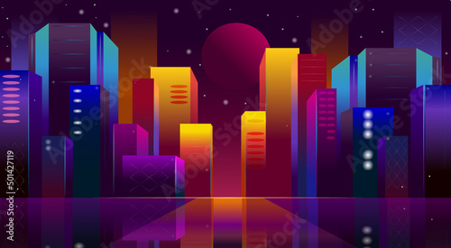 Night city  a metropolis with a neon glow and moon. Lights from city apartments add to the summer dusk city glow. Vector illustration. Minimalism