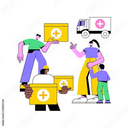 Humanitarian aid abstract concept vector illustration. Healthcare material assistance, independent aid, humanitarian service, charitable giving, help during natural disaster abstract metaphor.