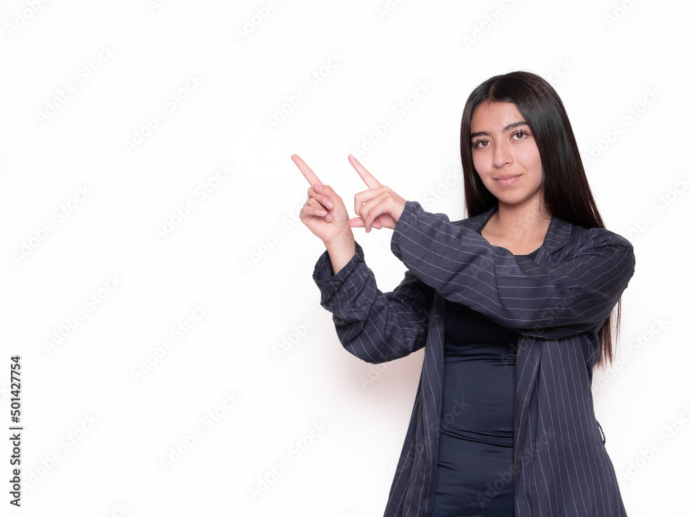 Latina businesswoman isolated on white background pointing to the left, product sales concept Latina businesswoman isolated on white background pointing to the left, product sales concept